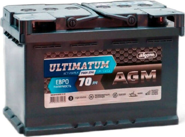 Аккумулятор АКОМ ULTIMATUM AGM 70 R (70 А/Ч, 760 А)